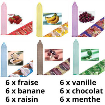 Image de Condom Trustex pqt 36 (6xFraise) (6xBanane)(6xChocolat)(6xVanille)(6xRaisin)(6xMenthe)