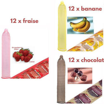 Image de Condom Trustex pqt 36 (12 x Fraise) (12 x Banane) (12 x Chocolat)