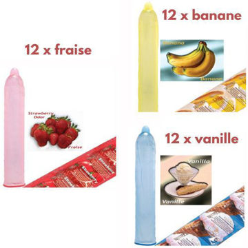 Image de Condom Trustex pqt 36 (12 x Fraise) (12 x Banane) (12 x Vanille)