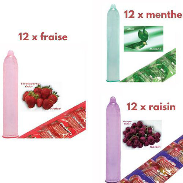 Image de Condom Trustex pqt 36 (12 x Fraise) (12 x Menthe) (12 x Raisin)