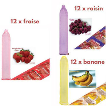 Image de Condom Trustex pqt 36 (12 x Fraise) (12 x Raisin) (12 x Banane)