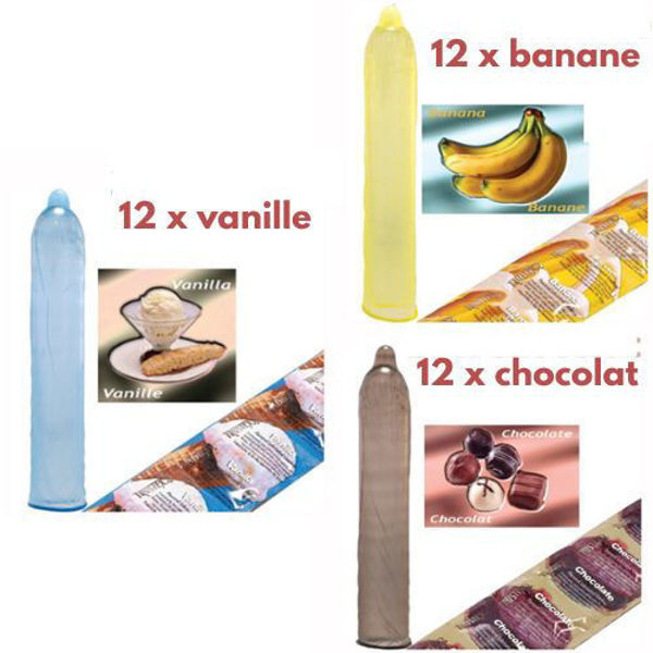 Image de Condom Trustex pqt 36 (12 x Vanille) (12 x Banane) (12 x Chocolat)