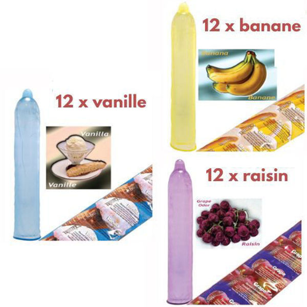 Image de Condom Trustex pqt 36 (12 x Vanille) (12 x Banane) (12 x Raisin)