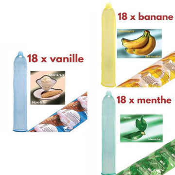 Image de Condom Trustex pqt 36 (12 x Vanille) (12 x Banane) (12 x Menthe)