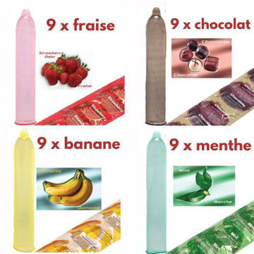 Image de Condom Trustex pqt 36 (9 x Fraise) (9 x Banane) (9 x Chocolat) (9 x Menthe)