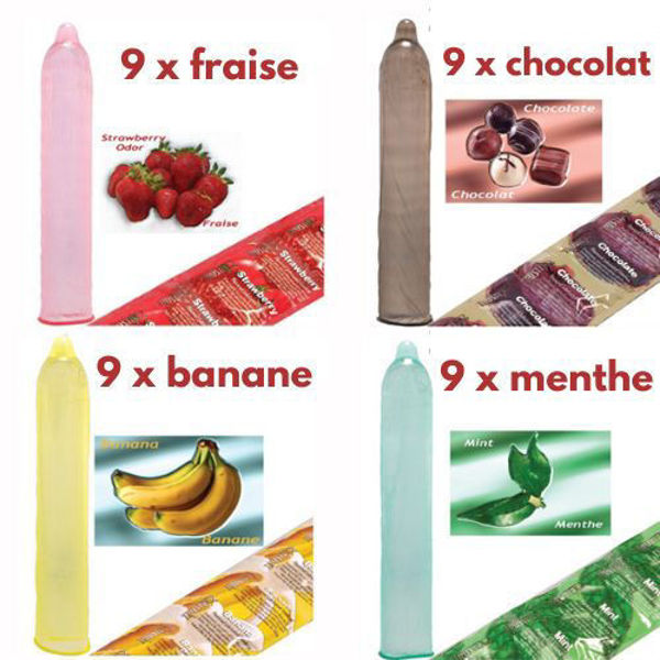 Image de Condom Trustex pqt 36 (9 x Fraise) (9 x Banane) (9 x Chocolat) (9 x Menthe)