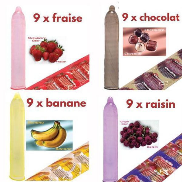 Image de Condom Trustex pqt 36 (9 x Fraise) (9 x Banane) (9 x Chocolat) (9 x Raisin)