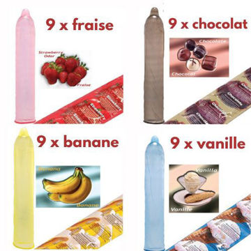 Image de Condom Trustex pqt 36 (9 x Fraise) (9 x Banane) (9 x Chocolat) (9 x Vanille)