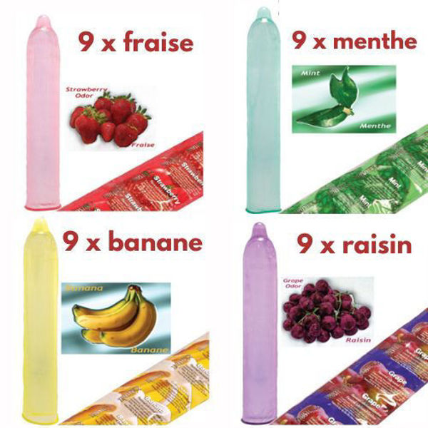 Image de Condom Trustex pqt 36 (9 x Fraise) (9 x Banane) (9 x Menthe) (9 x Raisin)