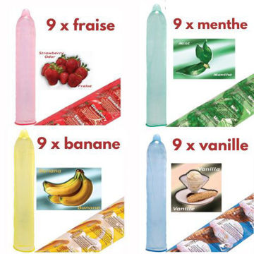 Image de Condom Trustex pqt 36 (9 x Fraise) (9 x Banane) (9 x Menthe) (9 x Vanille)