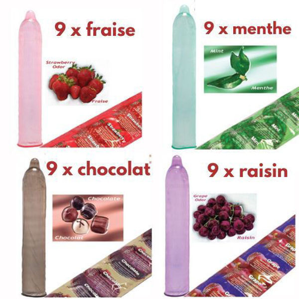 Image de Condom Trustex pqt 36 (9 x Fraise) (9 x Chocolat) (9 x Menthe) (9 x Raisin)