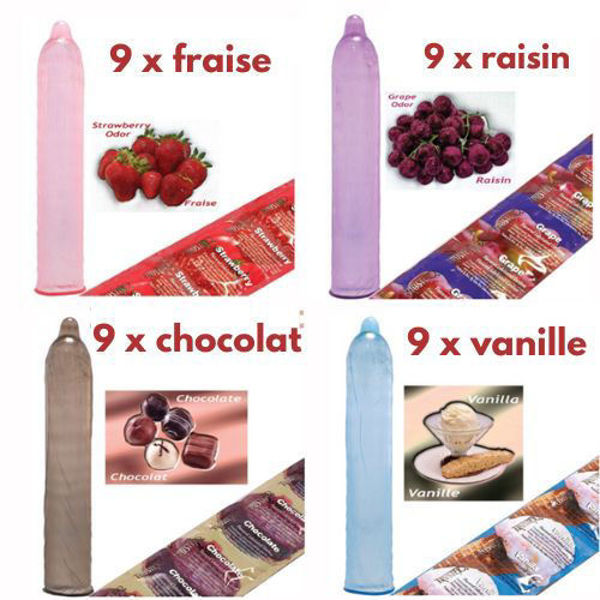 Image de Condom Trustex pqt 36 (9 x Fraise) (9 x Chocolat) (9 x Raisin) (9 x Vanille)